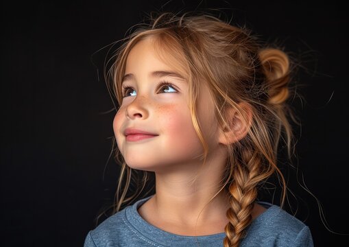 little caucasian girl with colorful sweatshirt in black background