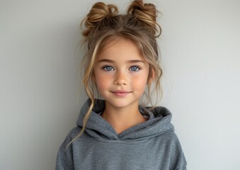 little caucasian girl with colorful sweatshirt in professional colorful photo studio background