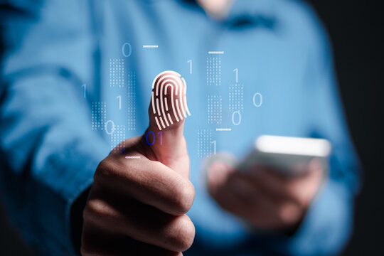 Person access security personal financial data on scan fingerprint identification, Cybersecurity and privacy to protect data. Biometric cyber security system and access control concept.