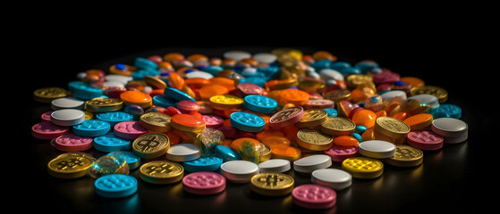 Fototapeta na wymiar A vibrant collection of colorful cryptocurrency tokens and capsules scattered on a dark surface, depicting the variety of digital currencies.