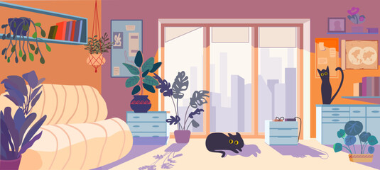 Cozy interior with pets and white sofa. Black cats play in a bright room on a wooden floor. Shelves with books and indoor plants. Vector illustration