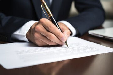 A detailed shot capturing a businessperson's hand as they sign a crucial document.