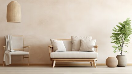 Japandi living room with beige sofa and chair in minimalist home interior design