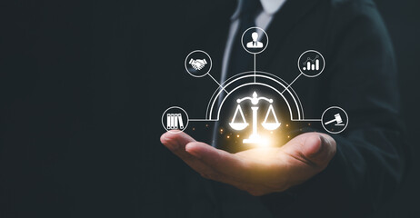 Ai ethic concept of compliance and regulation involves the enforcement of laws, regulations, and standards, internal policies and procedures. Legal and financial risks and protect corporate reputation - obrazy, fototapety, plakaty