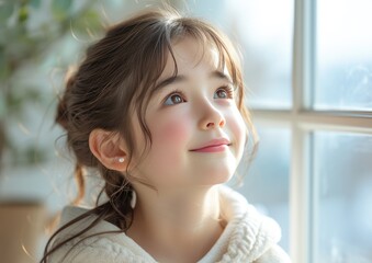 little caucasian girl with colorful sweatshirt in professional colorful photo studio background