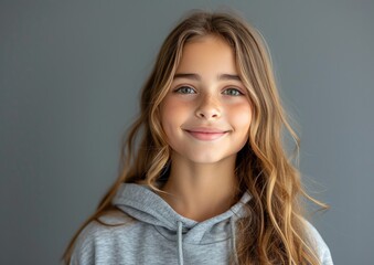 Fototapeta premium little caucasian girl with colorful sweatshirt in professional colorful photo studio background