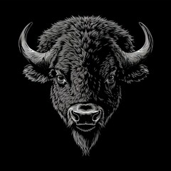 Flat logo bison hand drawn style on a black background. Hand Drawn style.