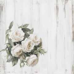 A bouquet of white roses on white wooden background