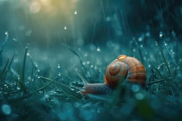 Macro shot of a snail on the grass after the rain - obrazy, fototapety, plakaty