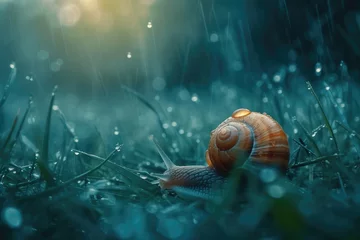 Fotobehang Macro shot of a snail on the grass after the rain © Lubos Chlubny