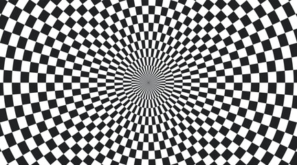Psychedelic checkered circle background. Round background with checkerboard pattern. Chequer psychedelic mosaic. Chess optical texture. Vector illustration on white background. - obrazy, fototapety, plakaty