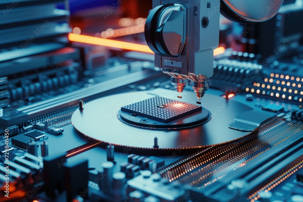 Aufkleber Robotic manufacturing of semiconductors and computer chips from silicon wafers. Modern technology concept