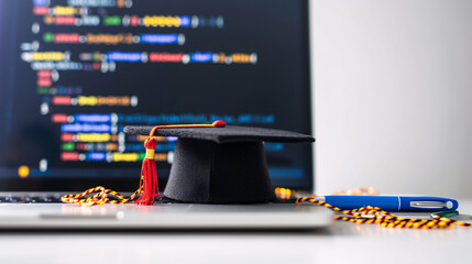 Graduation Cap on Laptop with Programming Code Background - A Symbol of Achievement in Computer Science Education