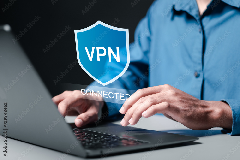 Poster vpn virtual private network protocol concept, person use laptop with virtualscreen of vpn icon for c