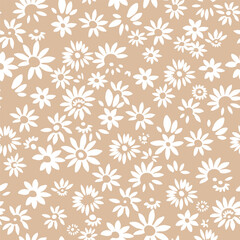Seamless pattern of retro-style white flowers in vector, retro-style design for clothes, fabrics, cobwebs, wallpaper, packaging and all prints on a light brown background.