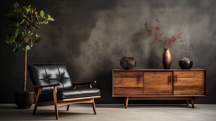 Modern living room with leather chair, wooden table, and stucco poster in Japanese style
