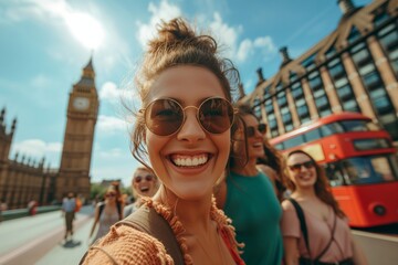 Joyful Friends Taking a Selfie in London, Big Ben in the Background