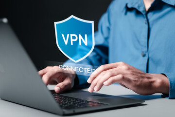 VPN Virtual Private network protocol concept, Person use laptop with virtualscreen of VPN icon for...