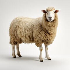 Single sheep standing on a white background, looking at the camera.
