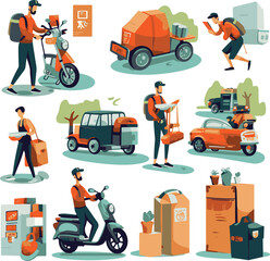 Fototapeta premium Vector concepts for food delivery services, featuring delivery bags, scooters, and order notifications