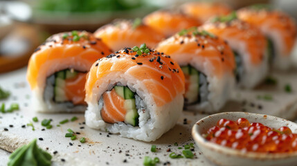 Closeup grill salmon roll sushi