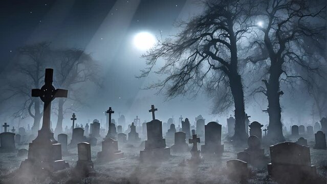 Creepy Cemetery Aerial Animation Against a Foggy Background. Perfect as a Halloween Event Background, Intro, or Trailer Element