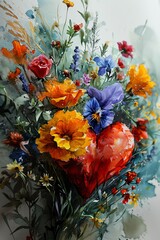 Elegant Watercolor Floral Heart Bouquet