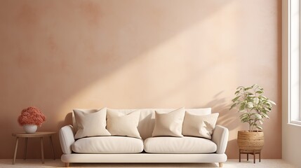 Modern and cozy loft living room with beige sofa, terra cotta pillows, and arched window