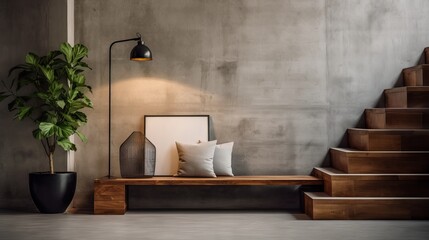 Modern loft entrance hall with wooden bench and concrete wall