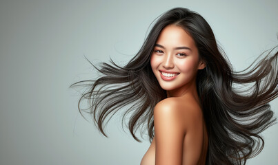 Portrait of a beautiful woman with a bright smile, hair is a beautiful black color, shampoo advertising concept Hair conditioner and cosmetic products,Generative AI