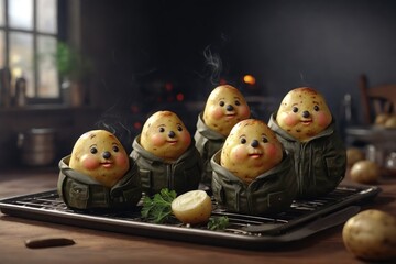 Funny animated cooked potatoes in jackets after baking - obrazy, fototapety, plakaty