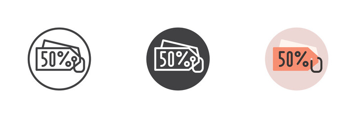50 percent discount tag different style icon set