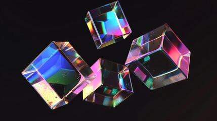 A rotating transparent glass box with a refraction and iridescent effect, rendered on a dark background.