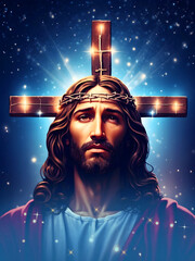 jesus on the cross with a message with sparkling lights background - obrazy, fototapety, plakaty
