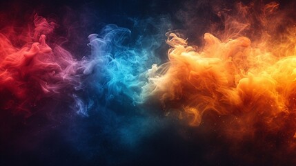 Vibrant colorful smoke on dark backdrop with ink splatters in shades of red, green, and brown.