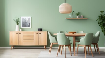 Mint chairs and wooden table in cozy living room with green wall and mid-century furniture