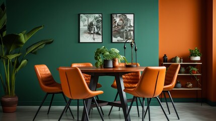 Scandinavian style living room with orange leather chairs and round dining table