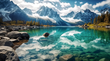 Pristine turquoise lake nestled in a picturesque valley, reflect