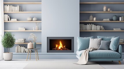 Cozy and stylish living room with pastel blue sofa, fireplace, and shelves in scandinavian design