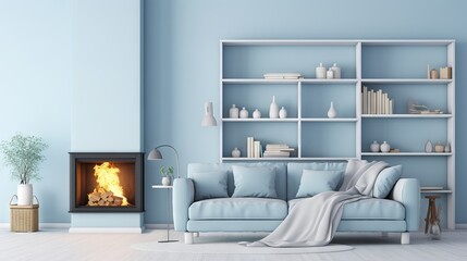 Cozy and stylish living room with pastel blue sofa, fireplace, and shelves in scandinavian design