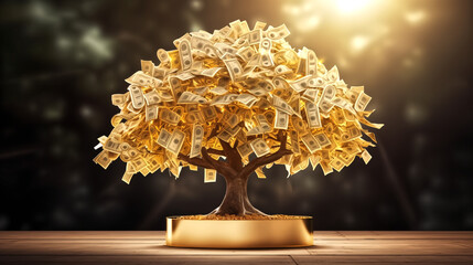 Enchanting golden money tree in full bloom with golden shine, bu