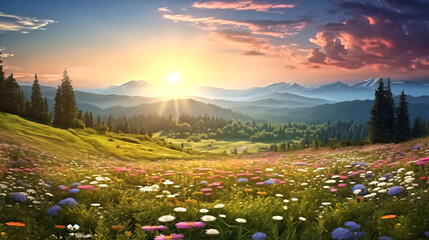 Rolling green meadows adorned with colorful wildflowers, where g - obrazy, fototapety, plakaty