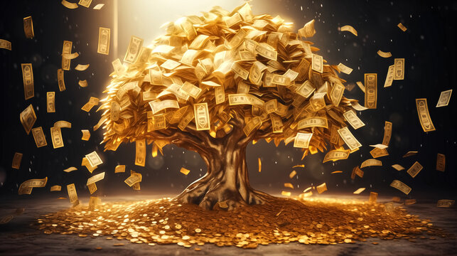 Enchanting golden money tree in full bloom with golden shine, bu