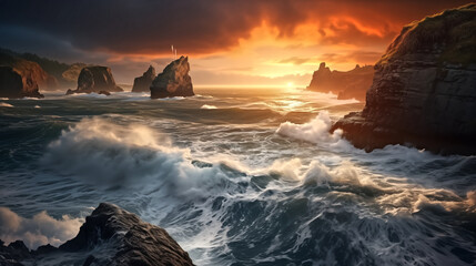 Dramatic coastal cliffs standing tall against the crashing waves