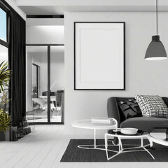 Frame mockup, ISO A paper size. Living room wall poster mockup. Interior mockup with house background. Modern interior design. 3D render