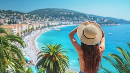 A stunning woman admiring the city of Nice, France from the French Riviera with a hat in hand. - obrazy, fototapety, plakaty