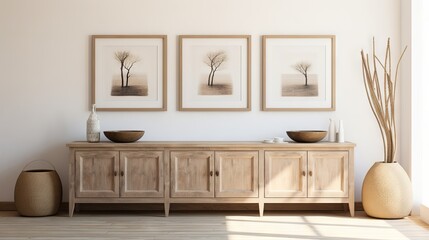 Rustic wooden sideboard with clay vases and poster frames on white wall. Modern farmhouse living room interior.