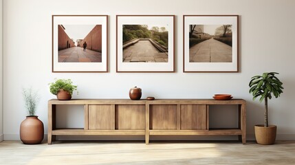 Rustic wooden sideboard with clay vases and poster frames on white wall. Modern farmhouse living room interior.