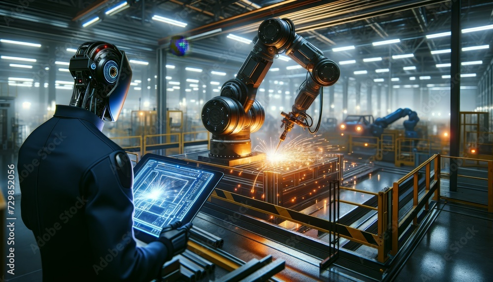 Aufkleber a futuristic concept where robots replace humans working in the automotive industry