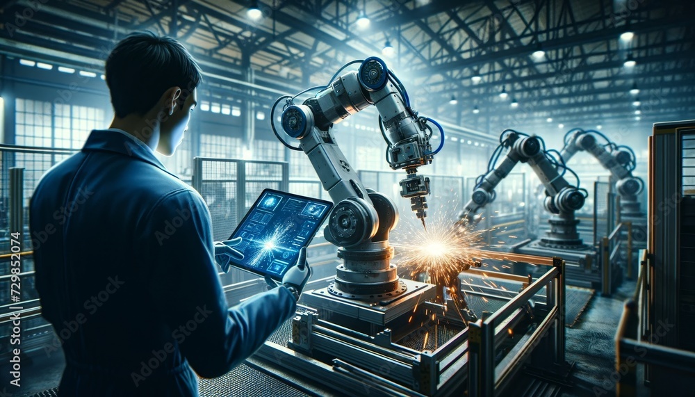 Aufkleber a futuristic concept where robots replace humans working in the automotive industry